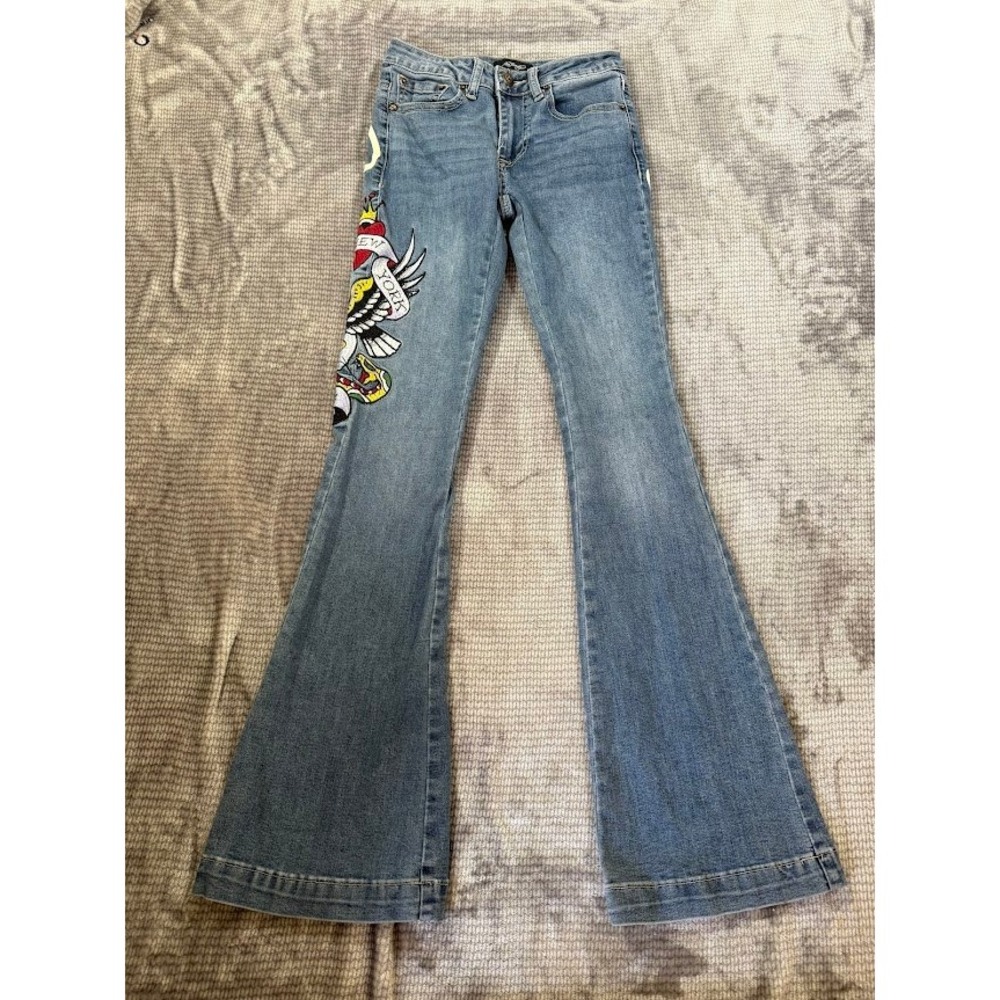 Ed Hardy Womens Flare Jeans Tattoo Embroidered New York‎ Bell Bottoms 24X31